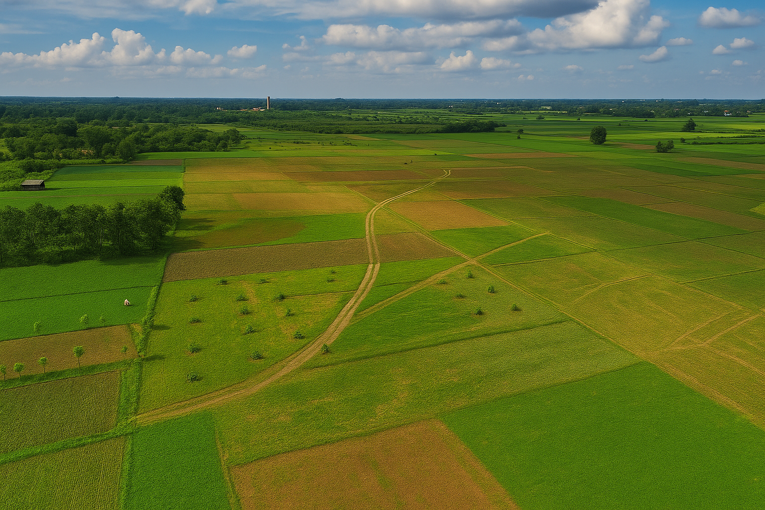 চারদিকে ছড়িয়ে ছিটিয়ে থাকা সবুজ গাছপালা