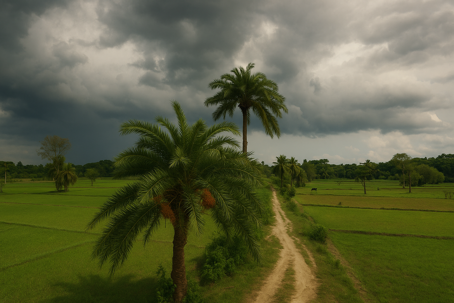 মেঘলা আকাশ, খেজুর গাছ আর মাটির রাস্তা, প্রকৃতির এক সরল সৌন্দর্য